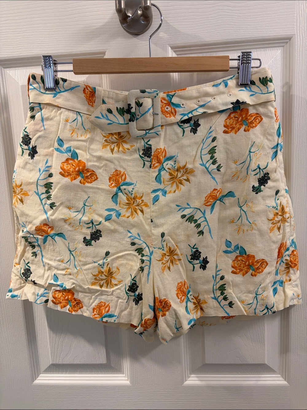 SOLID & STRIPED Cream Floral Belted Bermuda Shorts with Orange & Teal Print